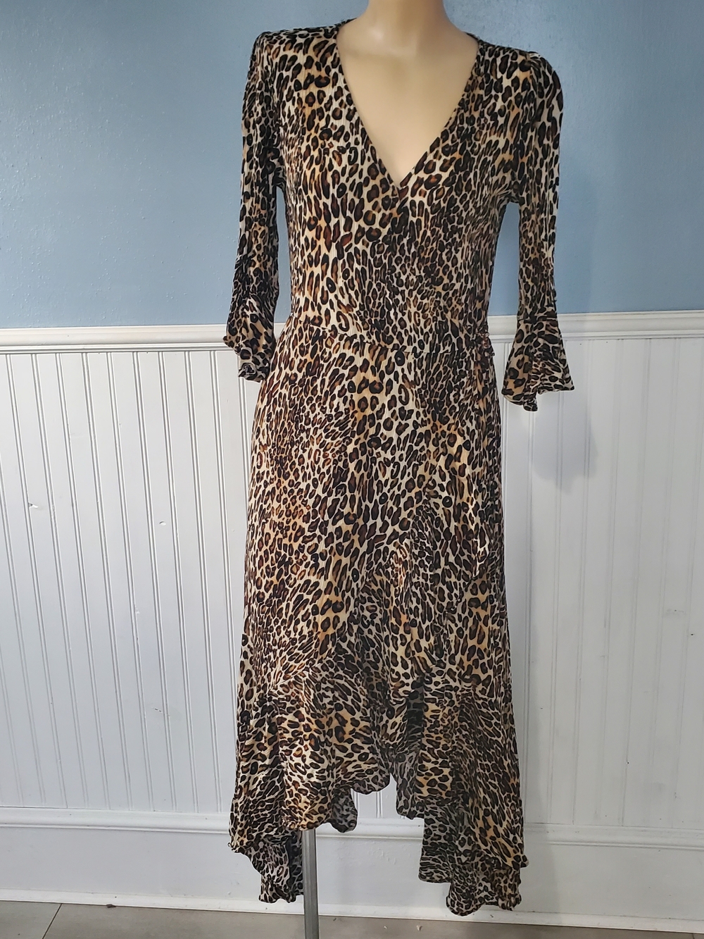 Leopard Print V-Neck Hi Low Maxi Wrap Dress 3/4 Bell Sleeves Mobwife Boho Flowy